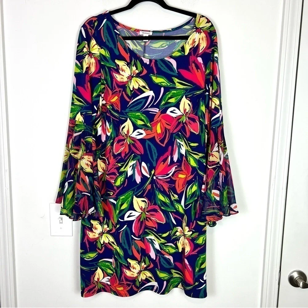 Westport dress womens 1X Floral Tropical Vacation Knee Length Bright Long Sleeve